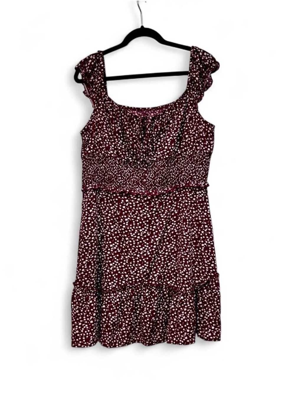 Burgundy Ditsy Floral Mini Dress XL Smocked Ruffle Tie Front Cottagecore Fall